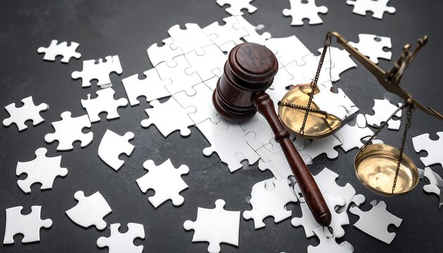 Law symbols with gavel, scales, and puzzle pieces, symbolizing justice