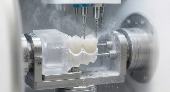 Dental milling machine carving crowns from ceramic blocks. Digital dentistry concept representing CAD CAM technology and precision dental manufacturing