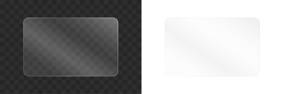 Horizontal rectangular glass panel with rounded corners and realistic reflection effect isolated on transparent background