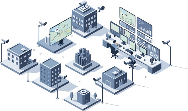 Isometric Smart City Surveillance System with CCTV Security Cameras, Monitoring Station, and Urban Data Analytics Visualization