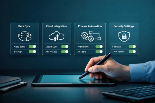 Cloud computing and automation services dashboard with data sync cloud services and cybersecurity features interface