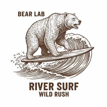 Brown bear surfing on wave board.