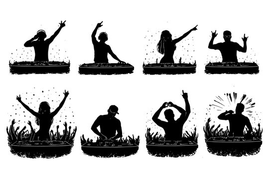 Silhouette djs performing energetic dance music set.