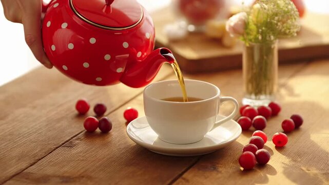 Hand pouring tea from a red polka dot teapot into a white cup on a wooden table. A cozy moment for tea lovers, perfect for relaxation and enjoyment