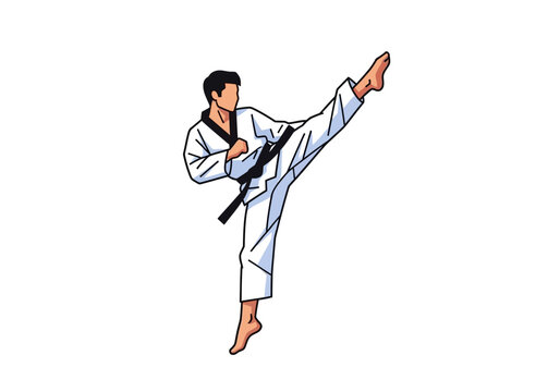 Black belt martial artist executing a high side kick against a white background