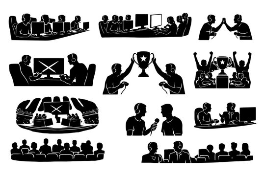 Silhouette esports tournament: teams compete and celebrate with trophies.