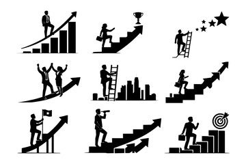 Obraz premium Diverse silhouettes of business success and achievement icons.