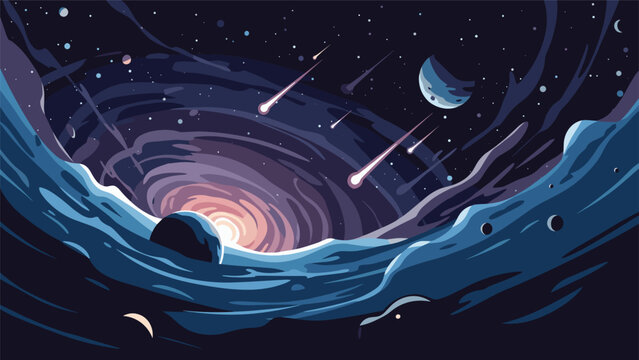 Deep space illustration featuring a black hole, glowing planets, meteors, and cosmic clouds for science fiction and astronomy concepts.