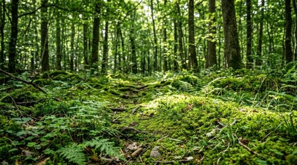 Fototapeta premium Sunlight filters through a dense forest, illuminating a mossy forest floor. Tall trees with vibrant green foliage create a shadowed path leading into the depths of the woodland.