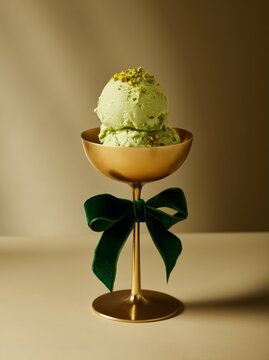 Single perfect scoop of muted sage green pistachio ice cream served in a gold bowl with a green ribbon, set against a neutral background