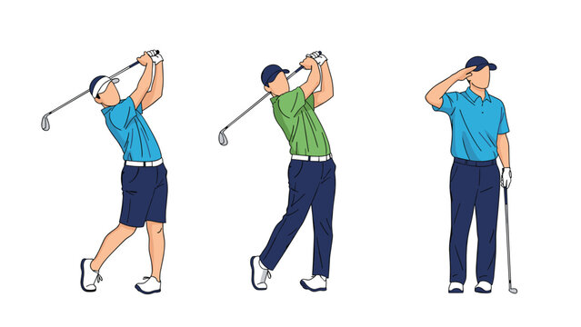 Male golfer demonstrates the perfect swing sequence from follow-through to a respectful salute while standing on the course.