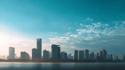 Obraz premium Sunrise over a misty cityscape with urban skyline reflecting in calm water.