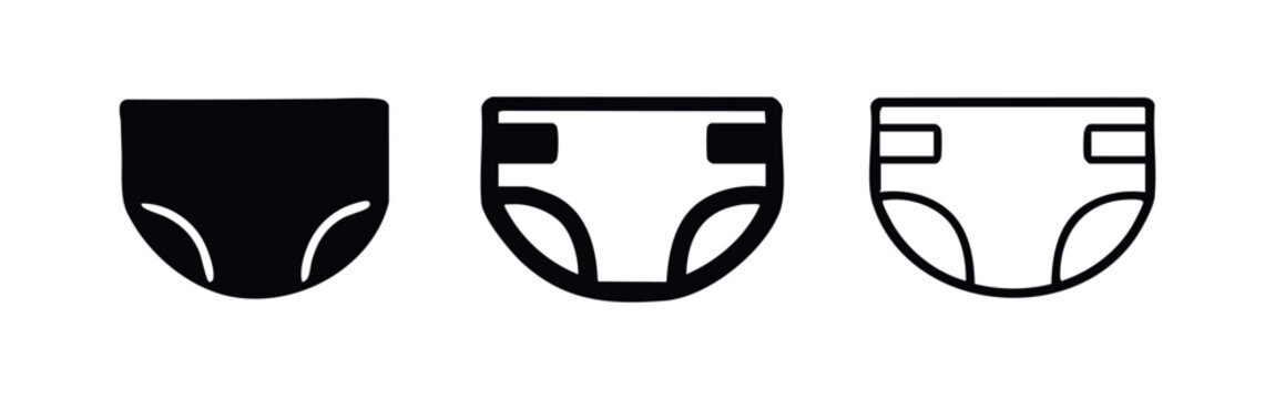 Baby diaper icon set with side tabs, illustrating various styles of infant and toddler absorbent underwear in black and outline.