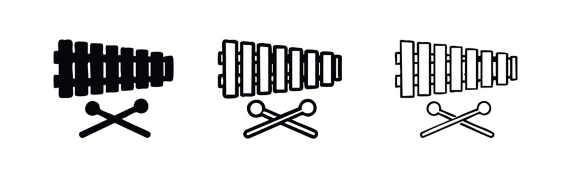 Xylophone Percussion Instrument Icons with Mallets. Musical Xylophone Symbols Set. Marimba and Mallets Vector Illustrations.