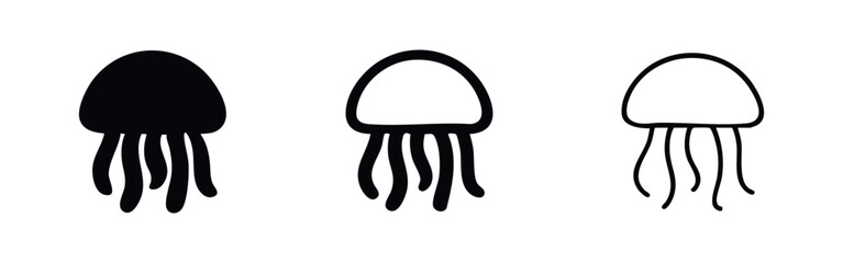 Jellyfish icon set. Marine creature symbols in various styles including silhouette, solid, and outline. © liubomir118809