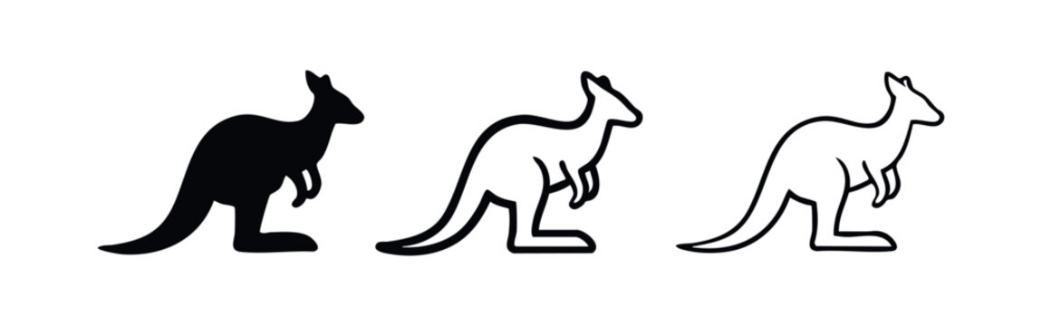Standing kangaroo icon set in solid, outline, and line art styles, representing Australian wildlife