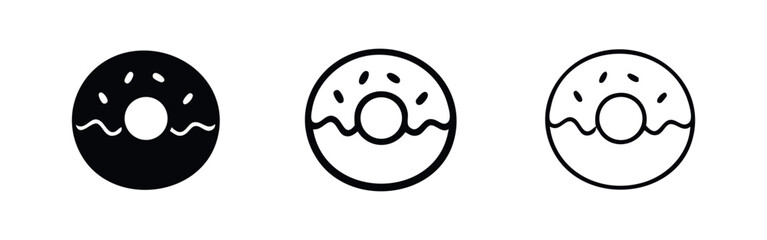 Fototapeta premium Donut icons set. Sweet pastry, bakery, dessert, and breakfast food collection in various styles.