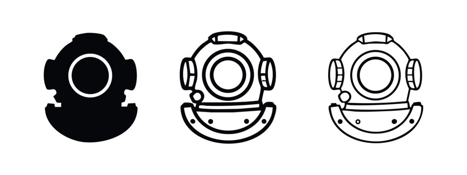 Old diving helmet icons set. Deep sea exploration, vintage equipment, and underwater adventure collection.