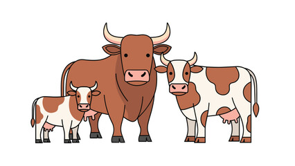 Fototapeta premium Family group of cattle including a large brown bull, a spotted cow, and a small calf standing together in a neat horizontal arrangement.