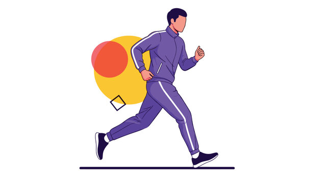 Active man in a purple tracksuit jogging forward against a background of abstract colorful circles and geometric shapes for sport design.
