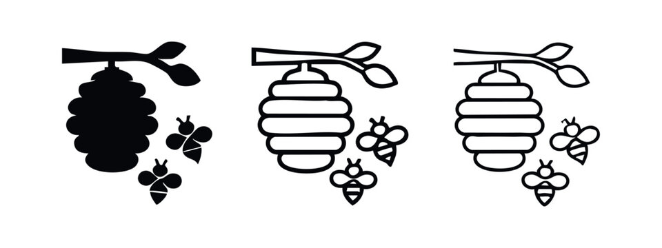 Hanging Beehive with Bees Icon Set, Nature Honey Bee Colony Vector Symbol, Insect and Apiculture Illustration