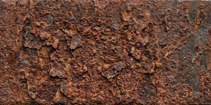 A close-up shot of a heavily rusted metal surface. The metal exhibits significant corrosion, with deep pits, flakes, and a rough, uneven texture.
