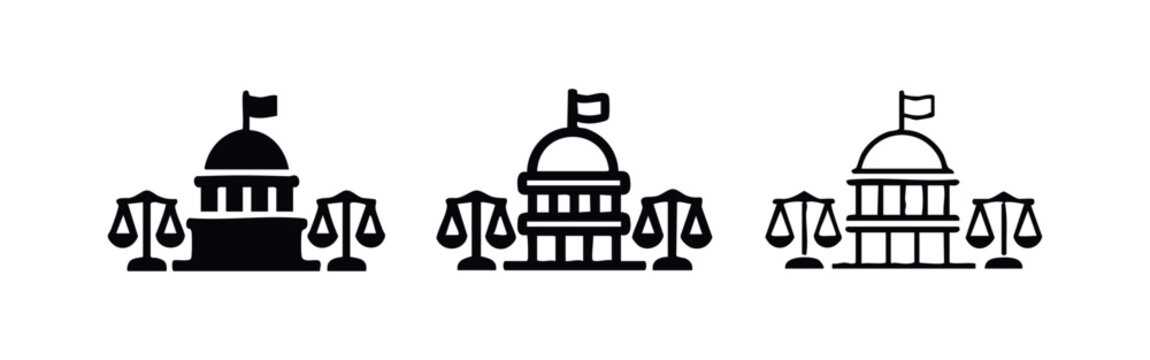 Courthouse with scales of justice icon set, legal system and law symbols for government authority.