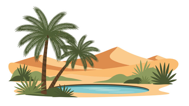 Serene desert oasis featuring a calm water pool surrounded by palm trees and green plants against sandy dunes.