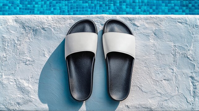 Casual white and black slide sandals placed on a textured white surface beside a bright blue swimming pool with mosaic tiles reflecting sunlight