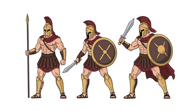 Illustration of ancient Spartan warriors in golden armor holding spears, swords, and shields in different combat stances.