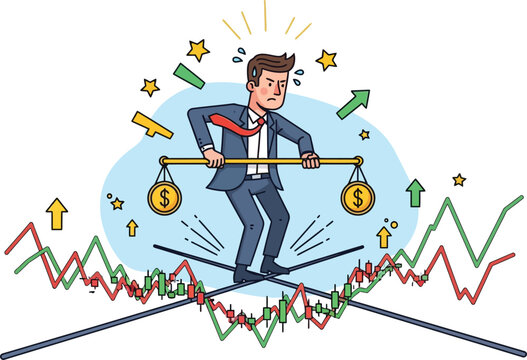 Stressed businessman balancing financial scales, a vector illustration of market volatility and investment risk. Financial management and economic uncertainty concept art.