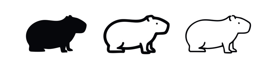 Fototapeta premium Capybara icon set in side view. Cute cartoon capybara silhouette and outline vector illustration isolated on white.