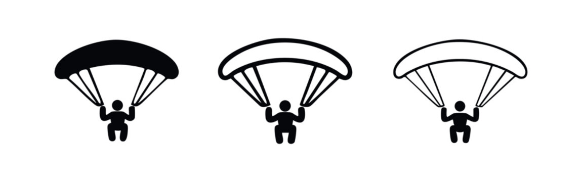 Parachuting icon set. Skydiver with parachute, silhouette and outline vector illustration isolated on white background.