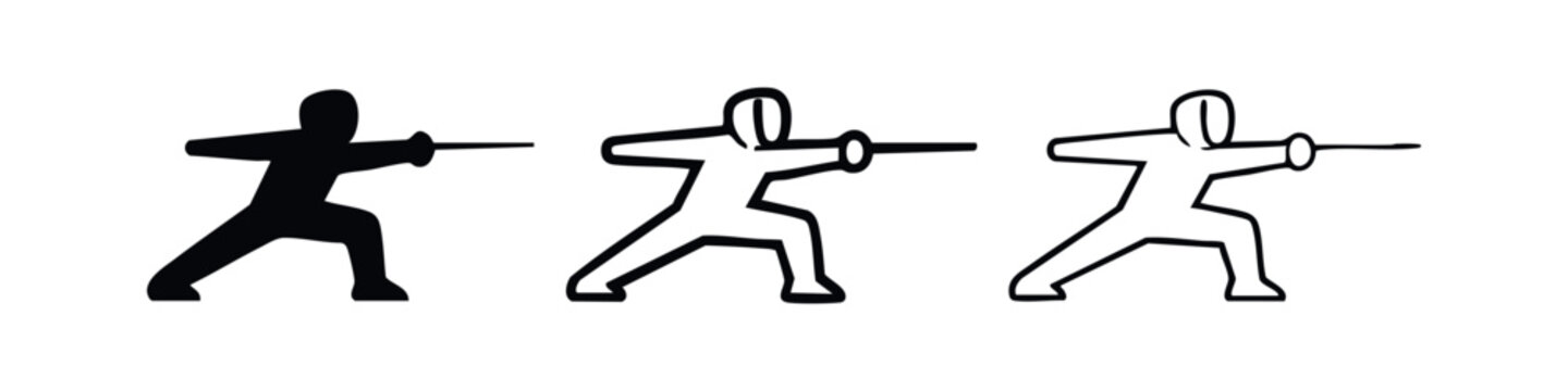 Fencer icon set. Athlete in fencing uniform holding a sword, silhouette and outline vector illustration.