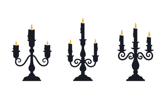 Three elegant black candelabras holding lit candles with golden flames in a silhouette-like illustration style.