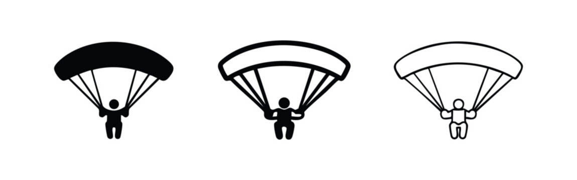 Parachuting icon set with simplified person. Skydiver with parachute, silhouette and outline vector illustration.