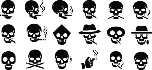 Obraz premium Silhouette skull and smoking icons set. Death head with cigarette, toxic habit, warning symbol, and danger sign vector illustration