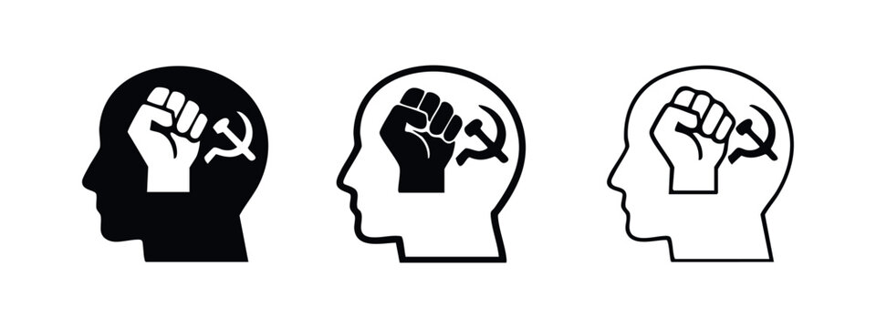 Communist ideology and revolutionary mindset icons. Head silhouette with hammer and sickle.