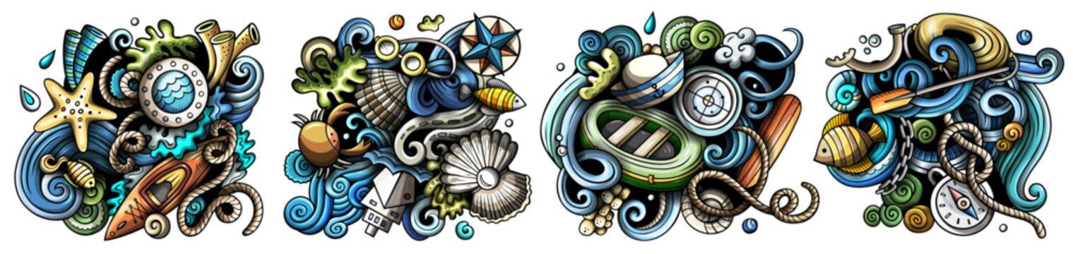 Marine cartoon vector doodle designs set. Colorful detailed compositions with lot of maritime objects and symbols. Isolated on white illustrations
