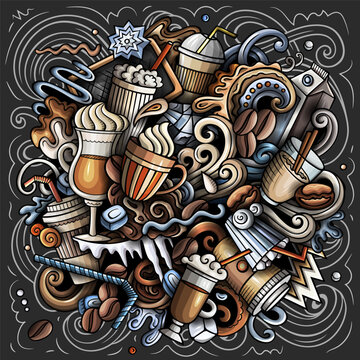 Vector doodle illustration of cold coffee drinks, cups, ice, beans, and cafe elements. 