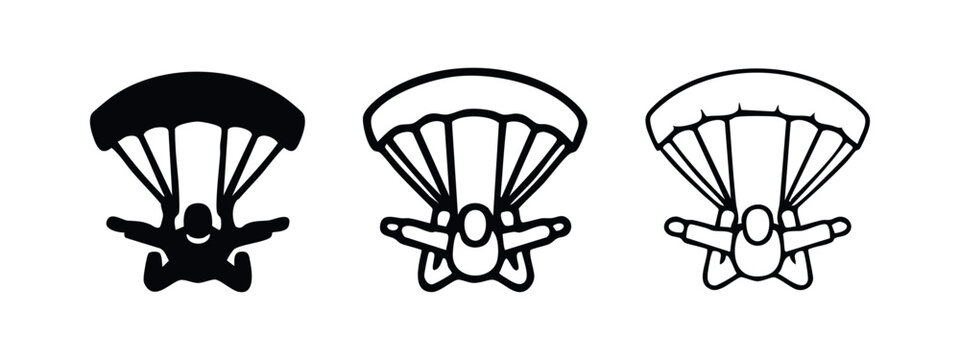 Skydiver with Parachute Icon Set, Parachuting Sport Silhouette and Outline for Extreme Adventure