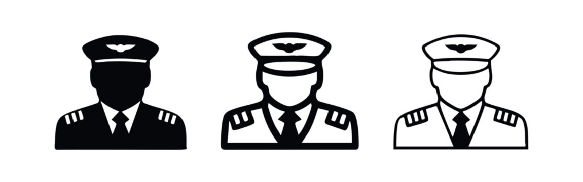 Airline Pilot Icon Set. Professional Aviator in Uniform with Captain's Hat and Epaulets.