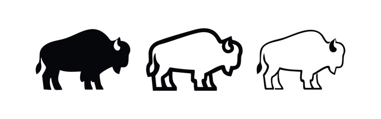 Bison symbol set. Black silhouette, bold and thin line art for a minimalist wildlife illustration. © liubomir118809