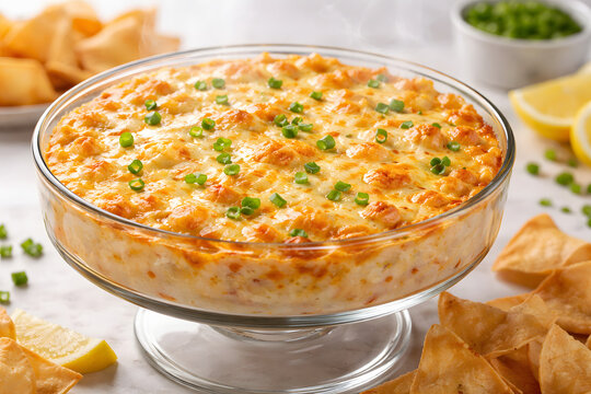 Elevated glass dish displays molten crab rangoon dip with bubbling cheese surface captured in refined studio composition