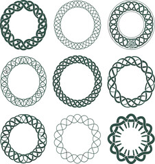 Obraz premium Set of dark green celtic knot circular frames with braided rope borders and ethnic woven patterns isolated on white background,