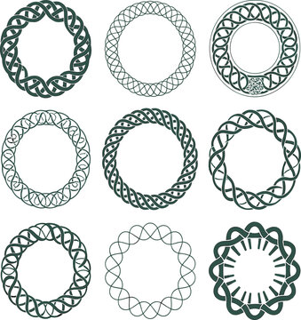 Set of dark green celtic knot circular frames with braided rope borders and ethnic woven patterns isolated on white background,