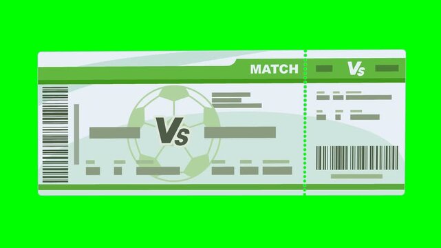 Animated soccer match ticket moving from left to right. Chroma key green screen with alpha channel. (loopable)
