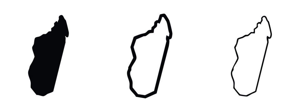 Madagascar map icon set. Stylized silhouette, thick, and thin outline versions of the country.