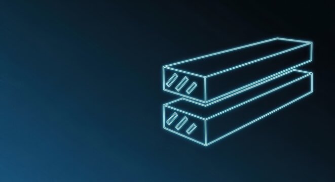 Glowing neon outline of stacked rectangular bars against a dark abstract background