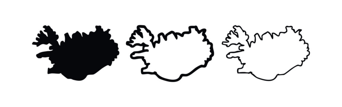 Iceland map icon set. Stylized silhouette, thick, and thin outline versions of the country.